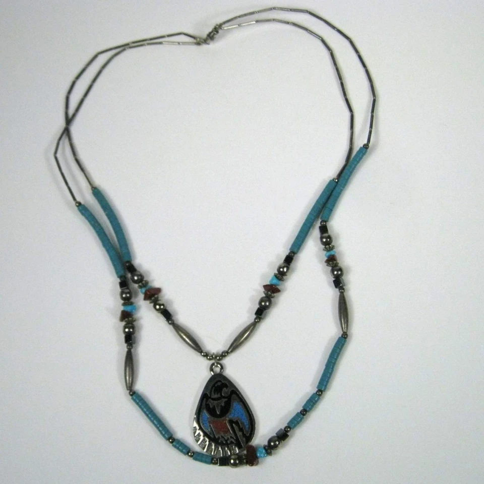 Юго-западное винтажное ожерелье кулон Thunderbird серебристый тон бусина богемное цыганское - Изображение 2 из 4