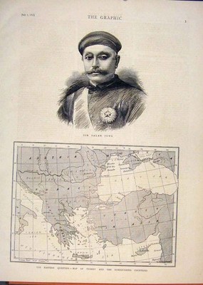 Original alter antiker Druck Portrait Salar Jung Karte Türkei Österreich Russland 1876