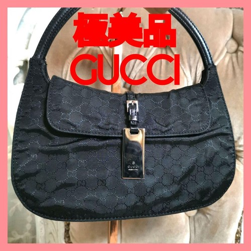 GUCCI Accessory Pouch Hand bag Nylon Leather Black GG magnet Condition good