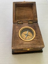 Vintage Nautical Brass Compass in Wooden Box Maritime Desk Decor Navigation In