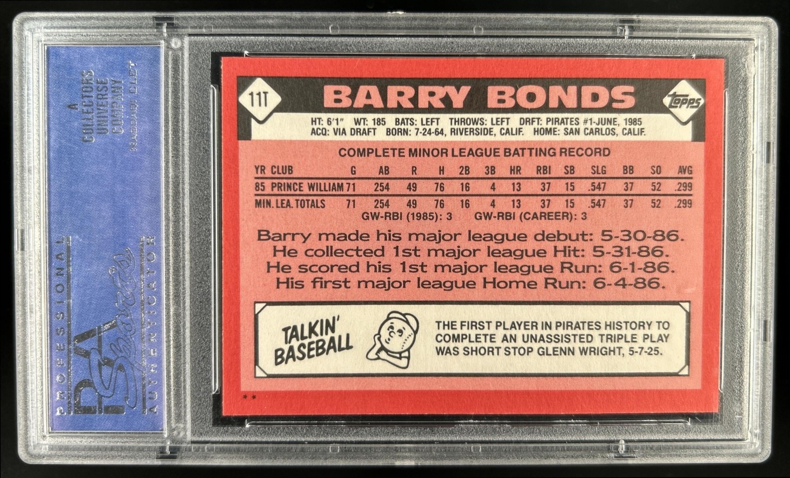 1986 Topps Traded Barry Bonds Rookie RC #11T Pirates PSA 10 GEM MINT view 2