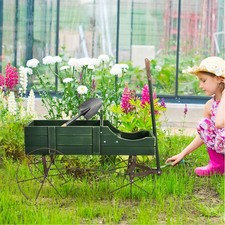 Wooden Garden Flower Planter Wagon with Wheels Green