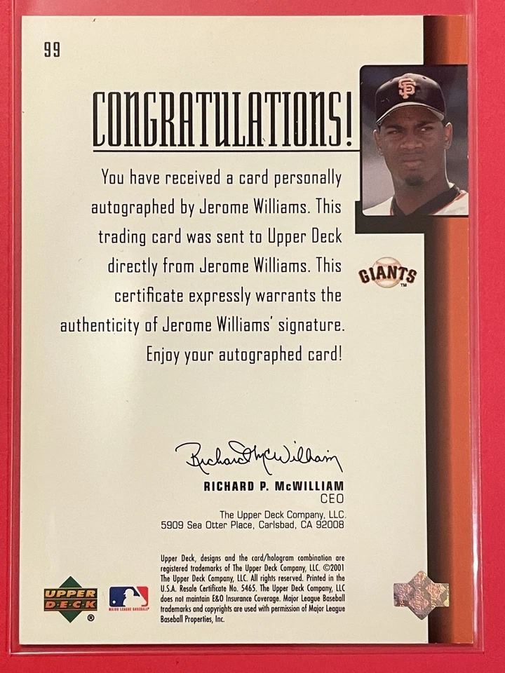 2001 Upper Deck Prospect Premieres Jerome Williams Rookie Auto /1000 RC #99 - Изображение 2 из 2