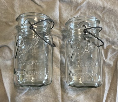 Two Vintage Ball Eclipse Clear Glass Quart Wide Mouth Canning Jar Wire No Lids