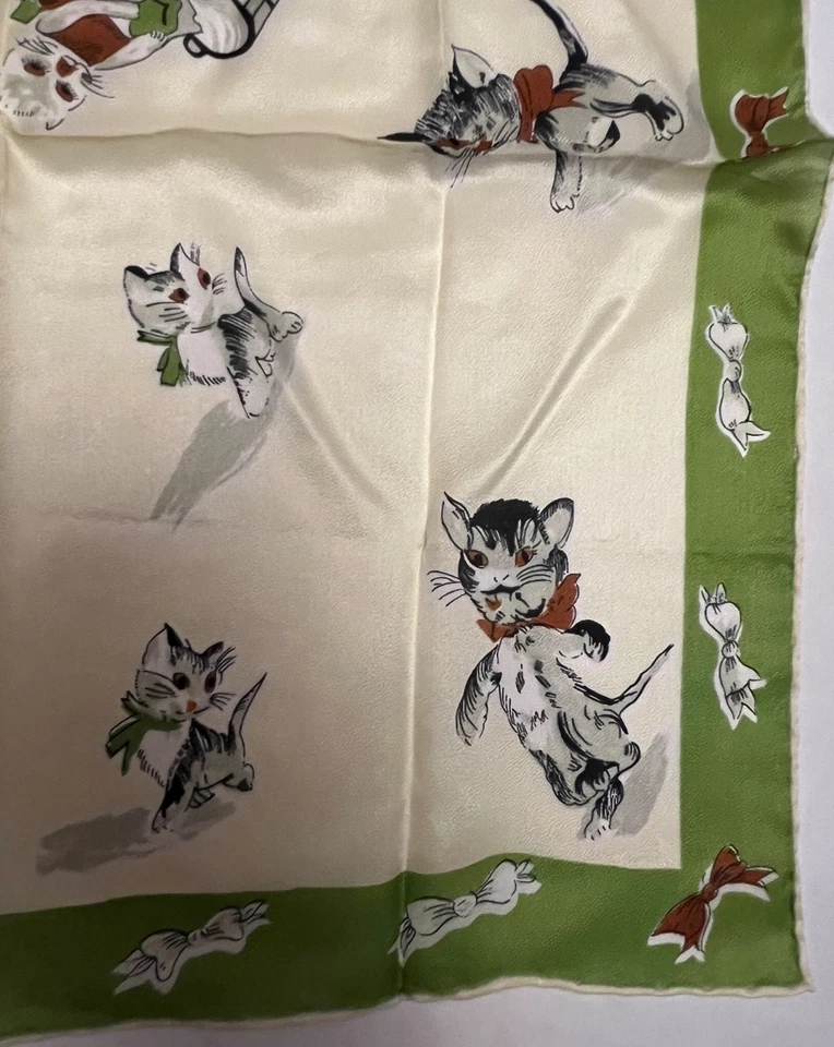 2 Винтажный Kitty Cat печати шарф шарфы Вера шелк коричневый вискоза зеленый белый Японии - Изображение 4 из 4