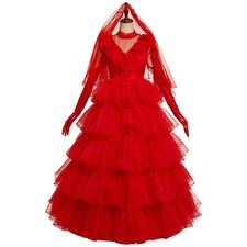 Beetlee-Juice Lydia Red Wedding Dress Cosplay Costume Women Halloween Party Suit