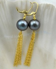 Rare Natural Round Black Edison Reborn Pearl Dangle Leverback Earring Eardrop?