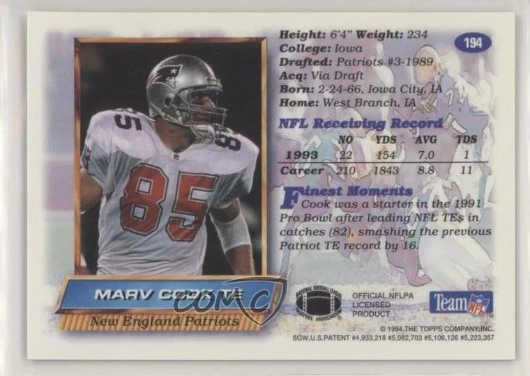 1994 Topps Finest Refractor Marv Cook #194 - Image 2 of 2