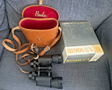Vintage Binolux 7x35 Binoculars Japan in box w/ Compass Brown Leather Case NM