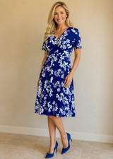 $95 Sz L Chaps Floral Midi Dress Navy Blue Pleated Flutter Sleeve V-Neck Career
