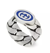 Gucci Lg. Interlocking G Ring Sterling, Blue Imperial Enamel Sz. 8 AUTHENTIC