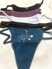 Victoria Secret V String Panties 5 Pack Multi Spellout Charm Stars sz L Bling