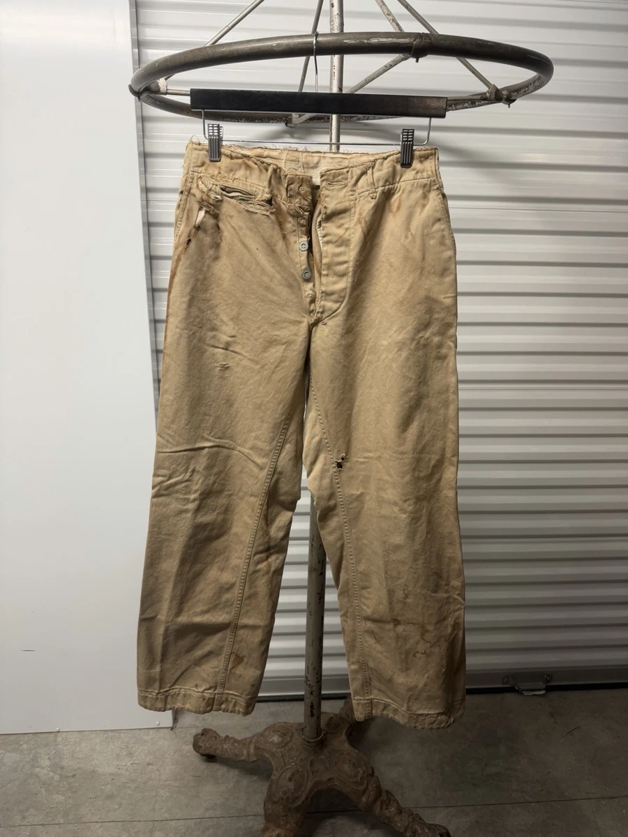 Vintage 1930s 1940s WWII Zinc Button Us Army Khaki Chino Pants