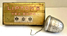 1930-40s Liptons Orange Pekoe & Pekoe Tea Bags Vtg Tin AND VTG TEA/HERB INFUSER