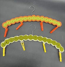 Pair of Vintage Crochet Wood Hangers Groovy 70s Multicolor Plastic Clothespins