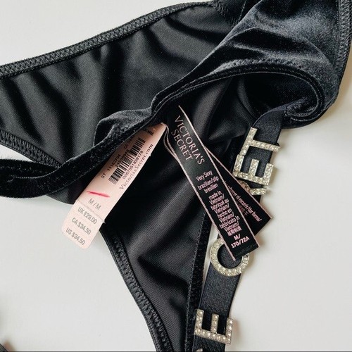 MEDIUM Victoria’s Secret black harness bra set velvet brazilian panties - Picture 10 of 11