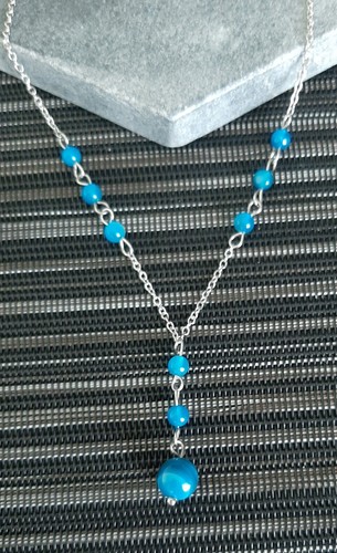 Healing Stone Blue Agate Y Shaped Lariat Necklace Non-Tarnish Steel Chain - Picture 6 of 8