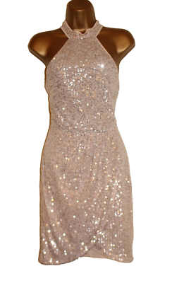 sachin and babi light blue dress Gold Champagne Sequin Dress Cocktail Lace Halter Neck Dress 12 Holiday  Party VGC