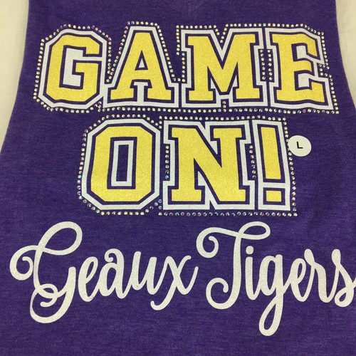 LSU “Game On” Women’s Large T-Shirt Geaux Tigers Bedazzled Sparkle NWT $39.99 - Picture 6 of 6