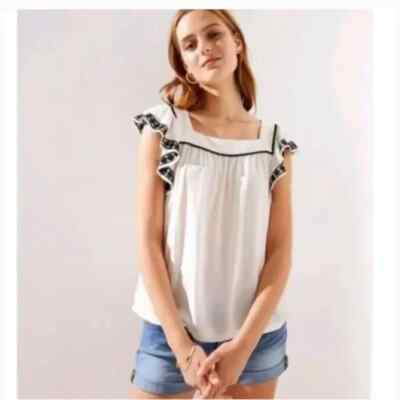 New Ann Taylor Loft White Black Embroidered Ruffle Flutter Sleeve Top XS