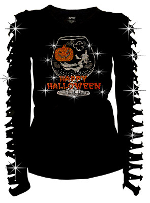 Happy Halloween Rhinestone T-Shirt Pumpkin Witch GLASS Ripped Cut Out S~4XL Long
