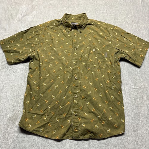 Vintage Woolrich Fly Fishing Pattern Camp Shirt Mens L Outdoors Green Fish Hooks - Picture 2 of 6