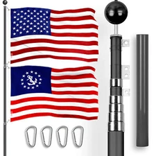 25Ft Telescoping Flagpole Black & American and Yacht Ensign Flags Emb 300D 3x5Ft