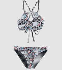  70 Splendid Girl's Black Floral Stripe Reversible Bikini Set Swimwear Size 12