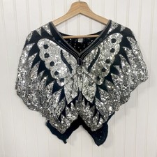 Vintage 1980s Black Silk Silver Sequin Blouse Butterfly Womens