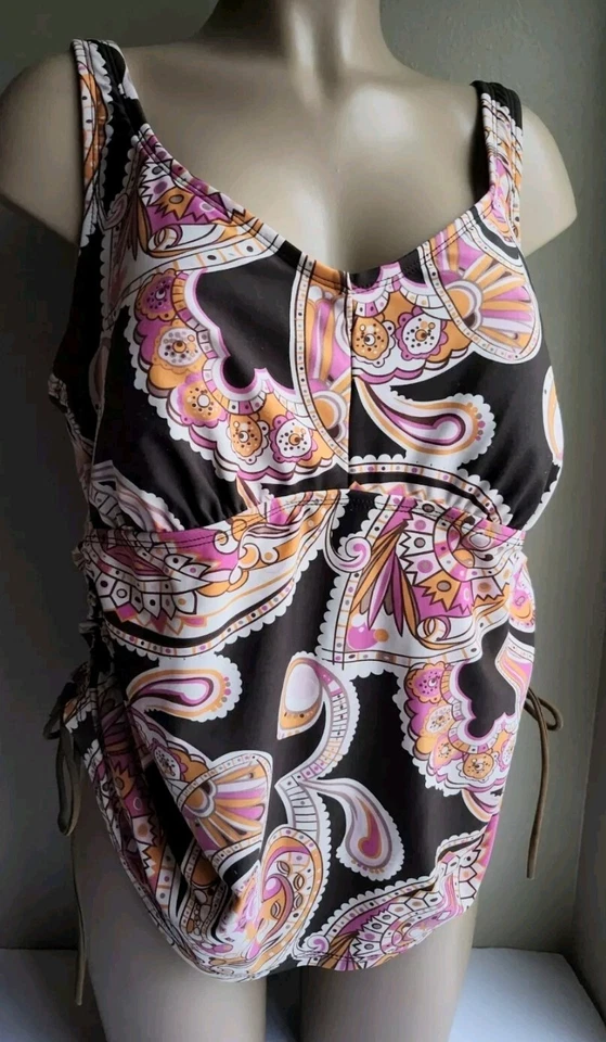 Merona Swim Top Size 18W Tankini Brown Pink Paisley Drawstring - Image 2 of 4