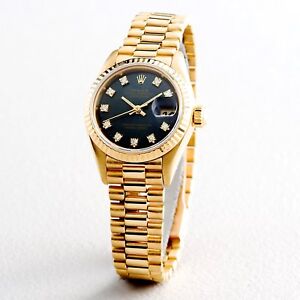 Ladies Rolex 18k Gold Datejust President Watch Factory Black Diamond Dial Ebay