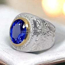Blue Sapphire Oval Cut Gemstone With 925 Sterling Silver Ring For Men's #371
