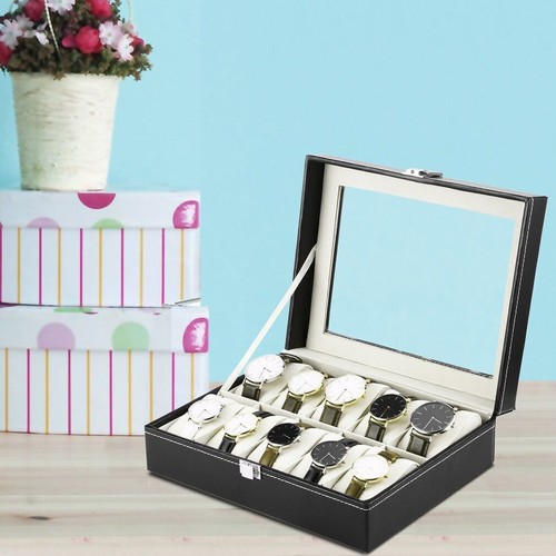 Watch Display Grid Box Lockable Case Faux Leather Jewellry Storage Organiser - Picture 9 of 12