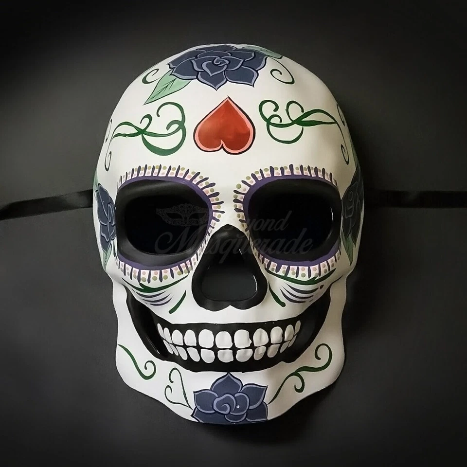 Day of the Dead Full Face White Skull Halloween Masquerade Mask with Heart - Image 2 of 4