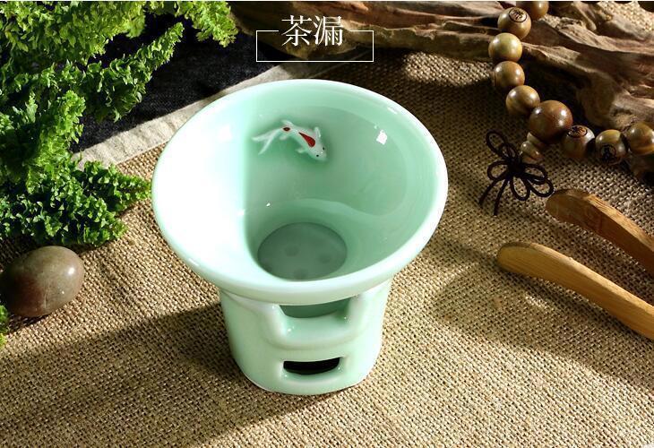 longquan celadon kungfu tea set handpainted underglaze tea pot fish carved cups