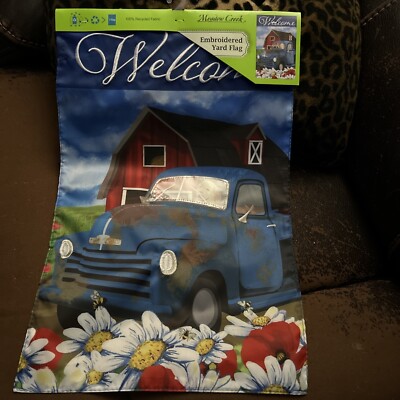 Meadow Creek Double-Sided Embroidered Yard Flag W/Welcome & Blue Truck BNWT!