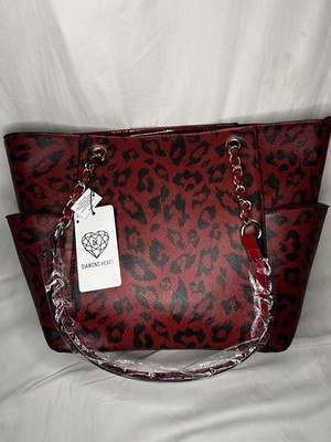 Designer Diamond Heart Red Leopard Print w/ Skulls Chain Accents Gold Hardware  