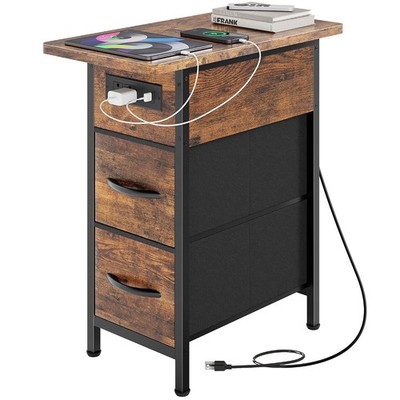 Rustic Brown Flip Top End Table with Charging Station 11.8'' Wide