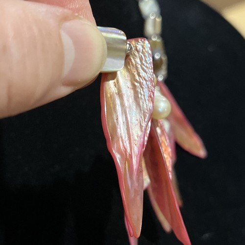 Pink Abalone Shell Leaf Mother Of Pearl and Fresh Water Pearl Bib Necklace - Picture 14 of 21
