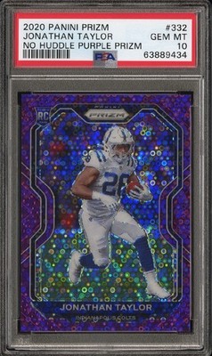 2020 Panini Prizm Jonathan Taylor Rookie No Huddle Purple Prizm #/35. PSA 10