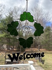 Shamrocks Irish Welcome Sign Suncatcher Stained Glass St Patrick Vintage Green