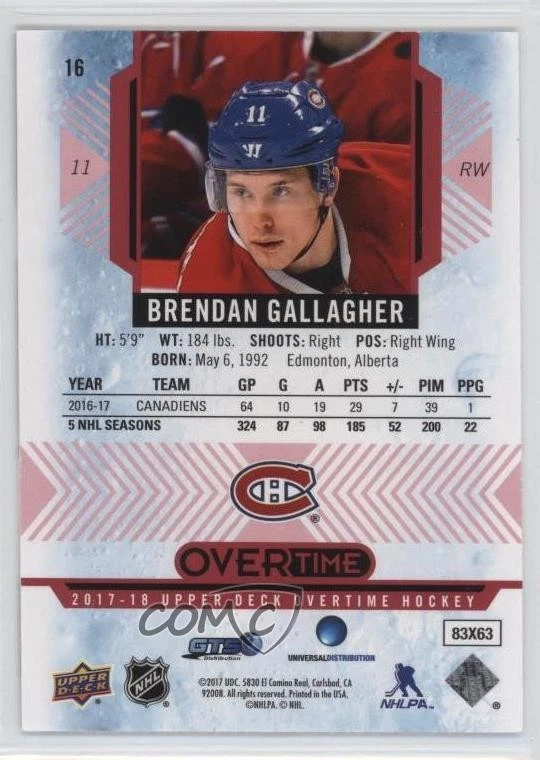 2017-18 Upper Deck Overtime Red Foil /99 Brendan Gallagher #16 - Image 2 of 2