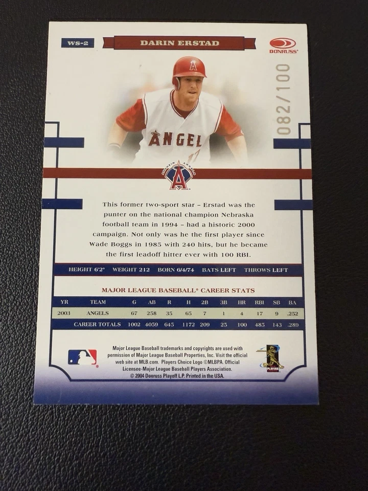 Donruss World Series HoloFoil 100 2004 #WS-2 Darin Erstad #'d 82/100 Foto 2 de 2