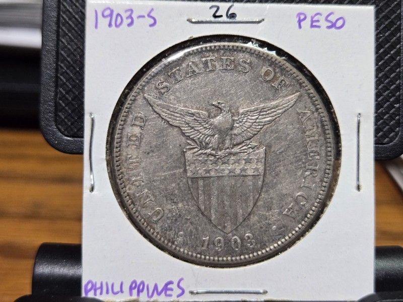 Nice Dark UNC 1903-S Philippines Silver Peso.  High Grade. 26