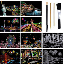 8 Sheets Scratch Art, Adult Scratch Rainbow Painting Art Paper, City Painting Ni