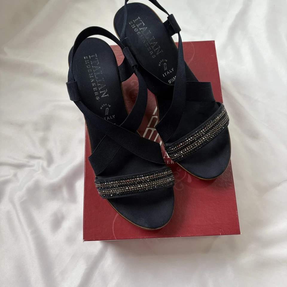 Sandalias Italianas Zapatero Cuña Estrás Punta Abierta Azul Para Mujer’s 9.5 Usadas Una Vez Foto 2 de 4