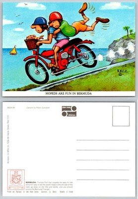 Vintage John Hinde Bermuda Moped Cartoon Postcard Robin Campbell Humorous 1984