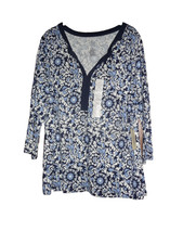 St John's Bay-Women's Blouse-3/4 Sleeve-XL-Scroll Print White/Navy-New With Tags