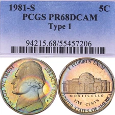 PR68DCAM 1981-S 5C Jefferson Proof Nickel (Type 1), PCGS Trueview- Rainbow Toned
