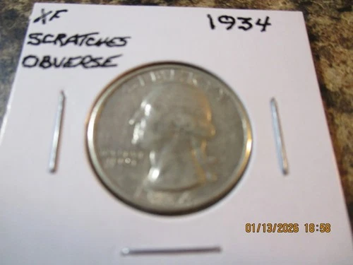 1934 WASHINGTON SILVER QUARTER XF SCRATCHES OBVERSE    WQ